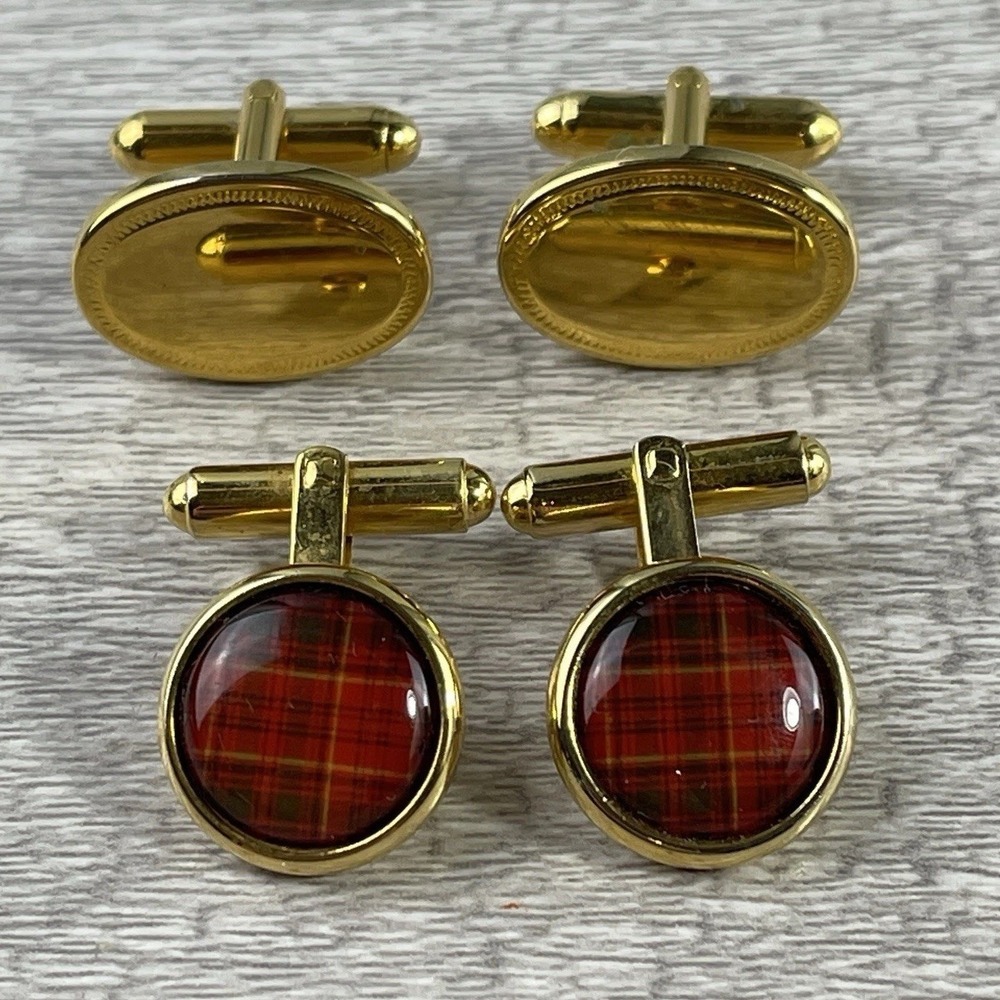 2 Sets Cufflinks Scottish Style Round Bezel Tartan Red & Oval Gold Tone MCM